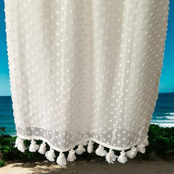 Sail to Sable NWT White Off the Shoulder Silk Swiss Dot Tassel Dress Size XS - Picture 4 of 7